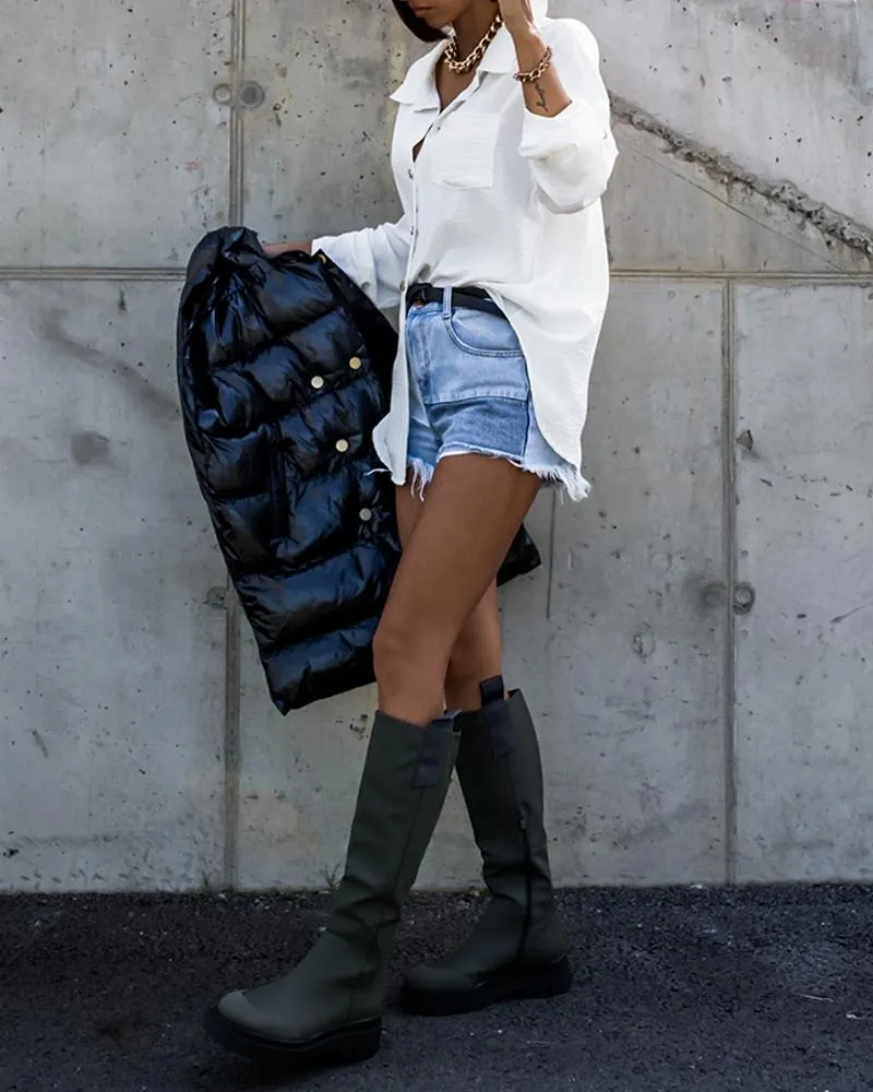 Turn down Collar Long Sleeve Front Button Backless Shirt Metal Chain Decor Blouses with Patch Pocket