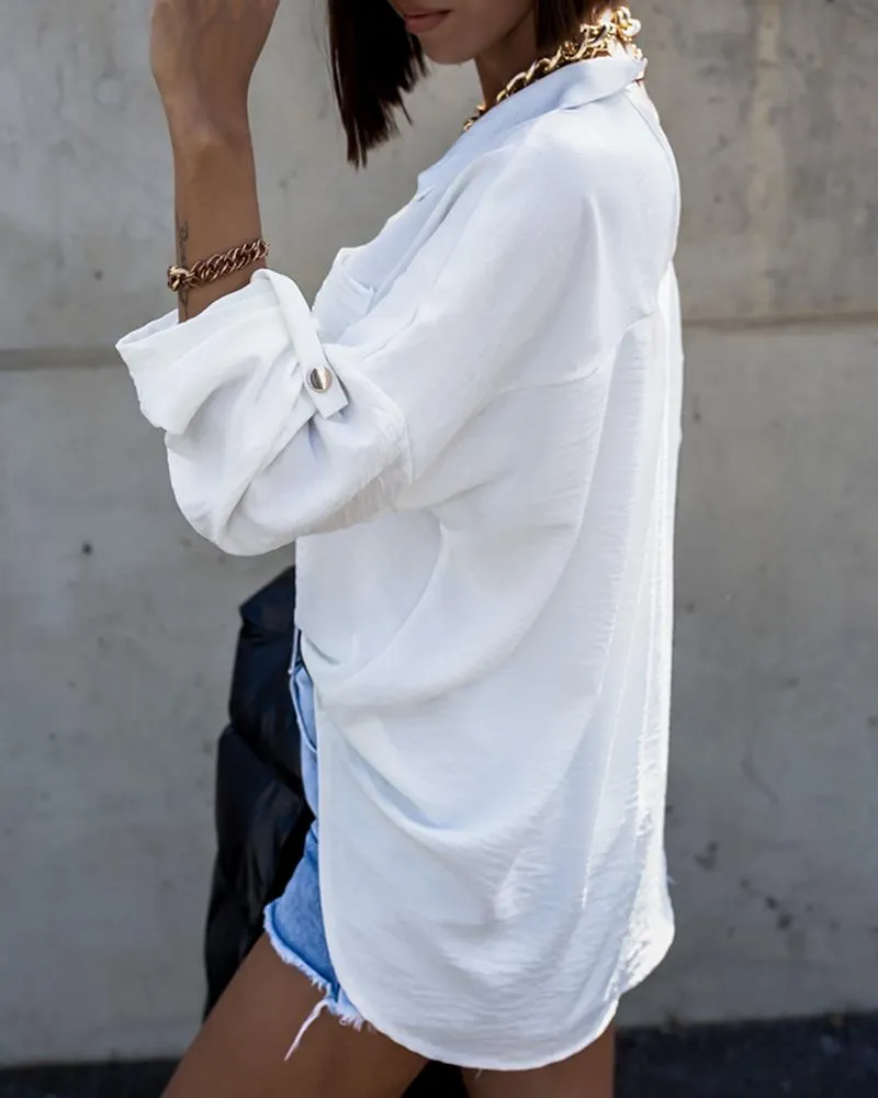 Turn down Collar Long Sleeve Front Button Backless Shirt Metal Chain Decor Blouses with Patch Pocket