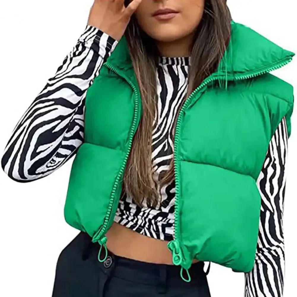 Ultra-Insulated Padded Puffer Vest with High Neck and Adjustable Hem Crop Top Vest
