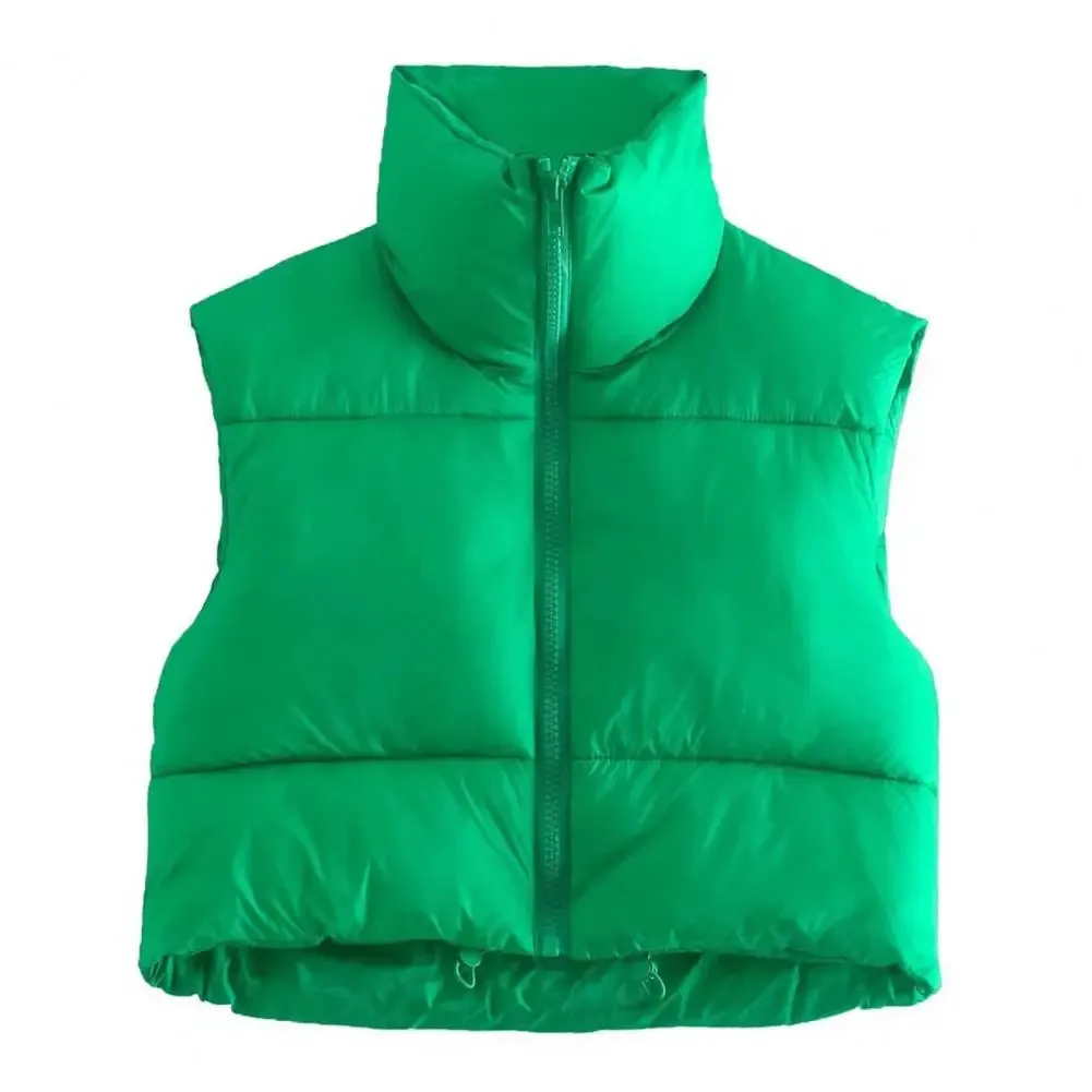 Ultra-Insulated Padded Puffer Vest with High Neck and Adjustable Hem Crop Top Vest