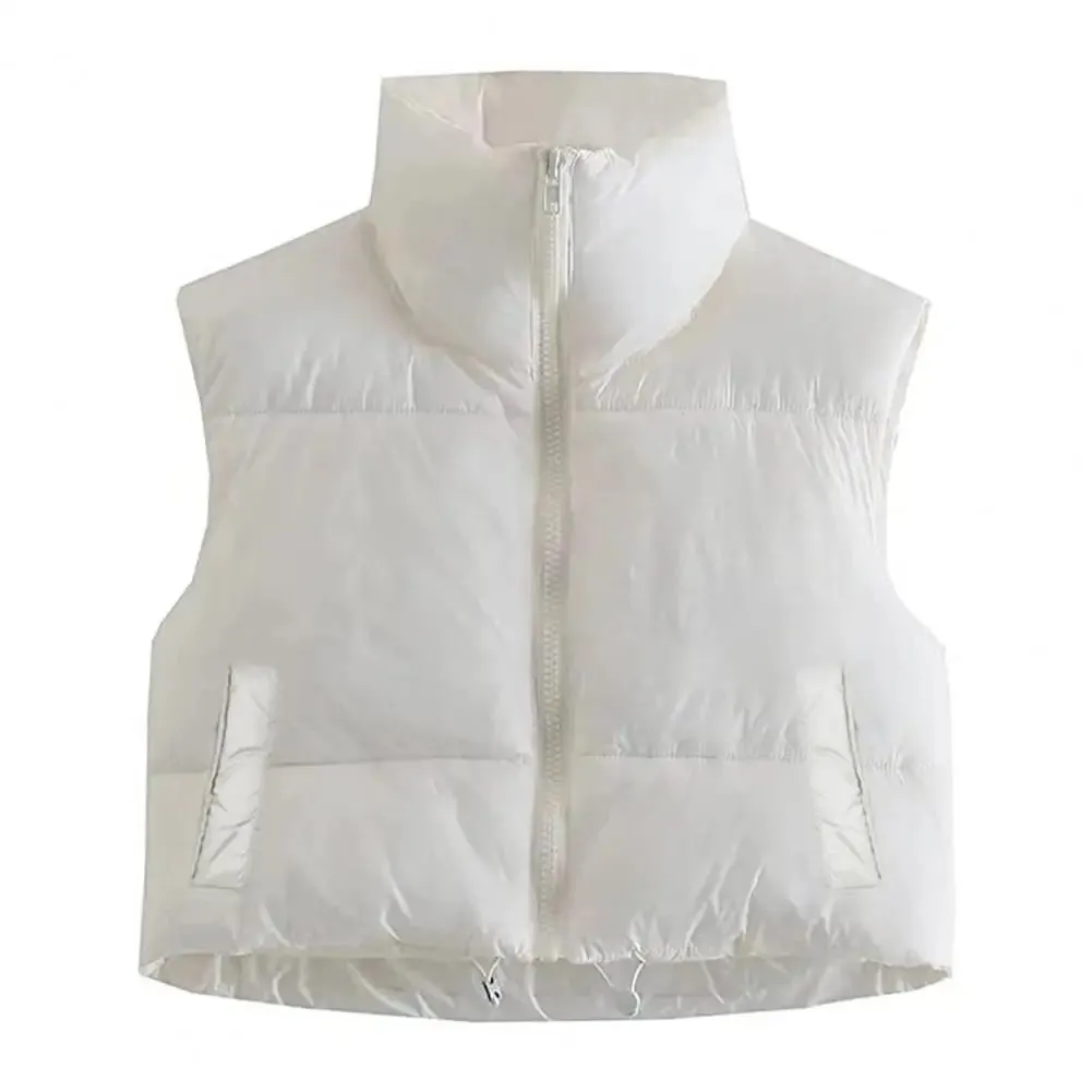Ultra-Insulated Padded Puffer Vest with High Neck and Adjustable Hem Crop Top Vest