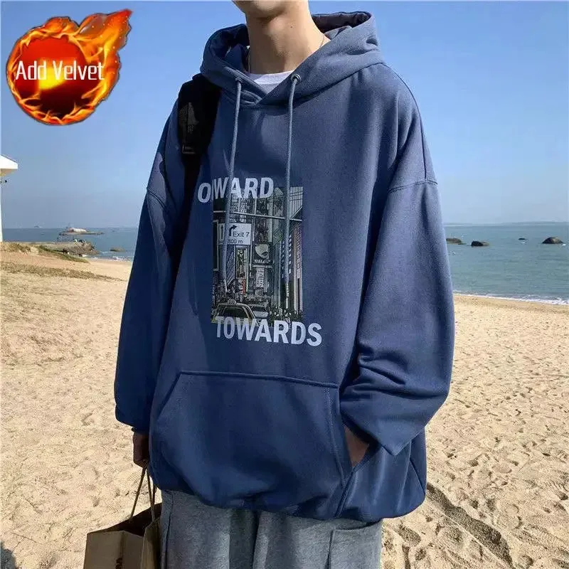 Wiaofellas  -  Sweatshirt for Men 100% Cotton Male Clothes Manga Blue Print Hooded Hoodies Anime Emo Funny Streetwear Harajuku Fashion Warm S