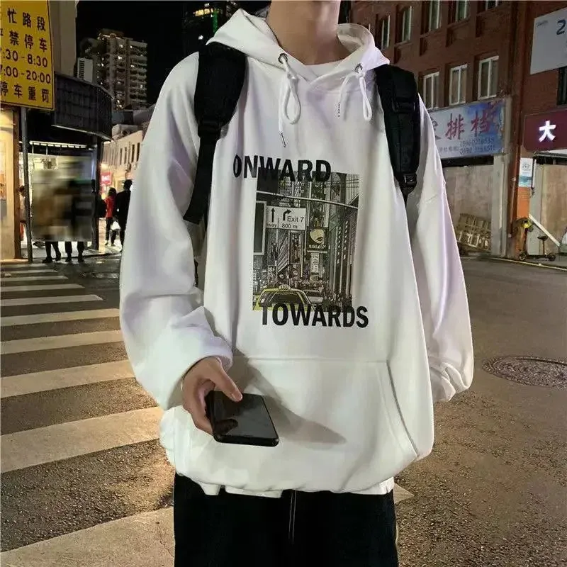 Wiaofellas  -  Sweatshirt for Men 100% Cotton Male Clothes Manga Blue Print Hooded Hoodies Anime Emo Funny Streetwear Harajuku Fashion Warm S