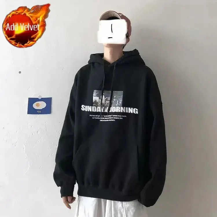 Wiaofellas  -  Sweatshirt for Men 100% Cotton Male Clothes Manga Blue Print Hooded Hoodies Anime Emo Funny Streetwear Harajuku Fashion Warm S