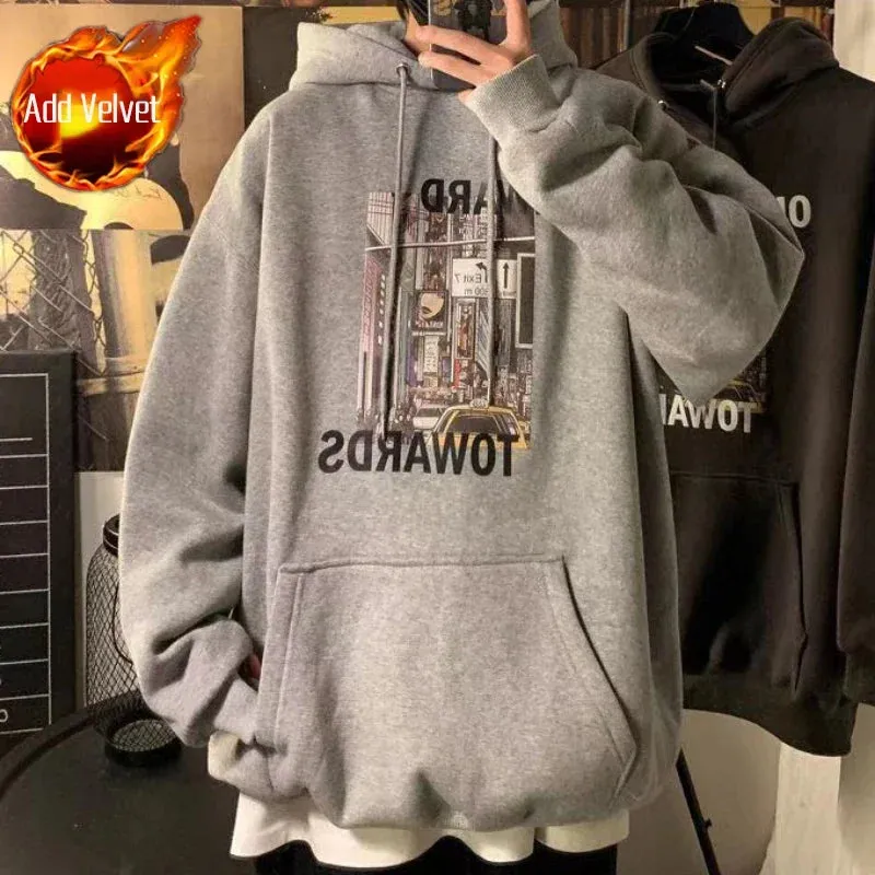 Wiaofellas  -  Sweatshirt for Men 100% Cotton Male Clothes Manga Blue Print Hooded Hoodies Anime Emo Funny Streetwear Harajuku Fashion Warm S