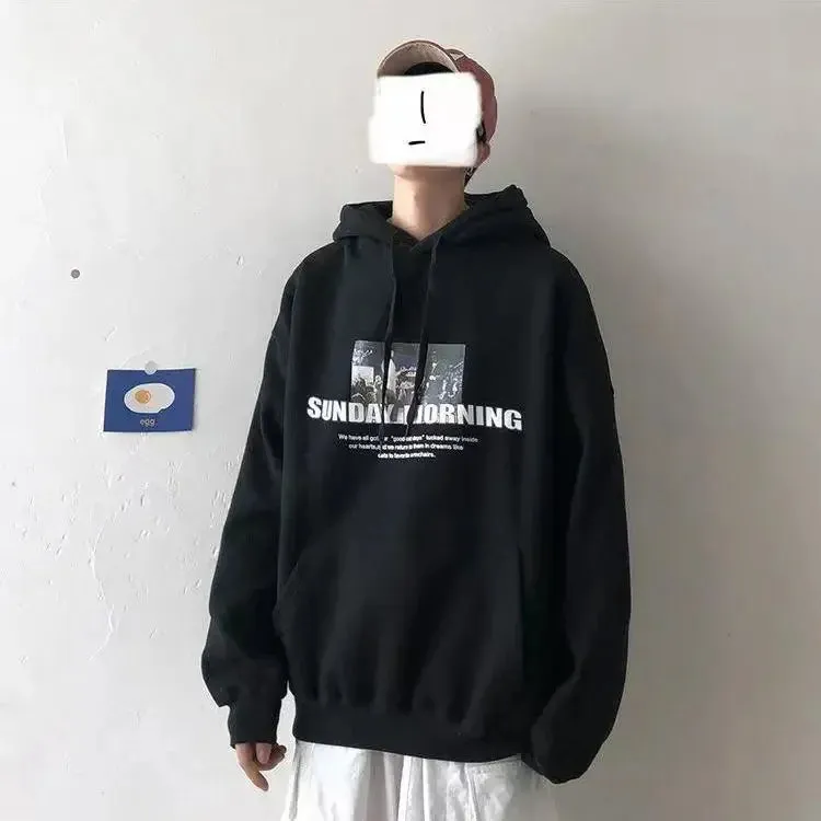Wiaofellas  -  Sweatshirt for Men 100% Cotton Male Clothes Manga Blue Print Hooded Hoodies Anime Emo Funny Streetwear Harajuku Fashion Warm S