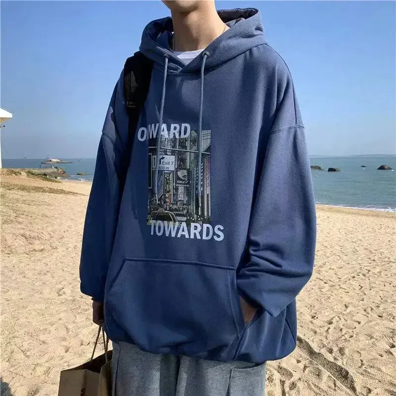 Wiaofellas  -  Sweatshirt for Men 100% Cotton Male Clothes Manga Blue Print Hooded Hoodies Anime Emo Funny Streetwear Harajuku Fashion Warm S