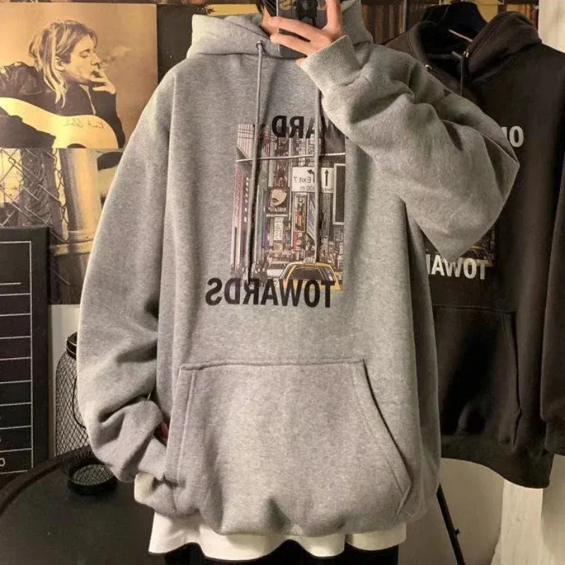 Wiaofellas  -  Sweatshirt for Men 100% Cotton Male Clothes Manga Blue Print Hooded Hoodies Anime Emo Funny Streetwear Harajuku Fashion Warm S