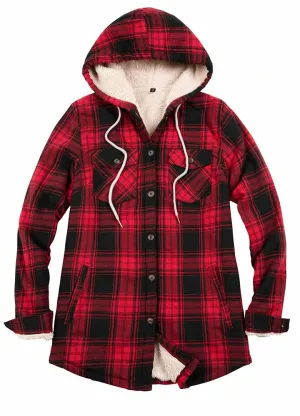 Women's Matching Family Sherpa Lined Red Flannel Jacket with Hood